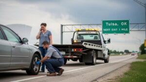 A woman getting roadside assistance in Tulsa, OK, thanks to her AAA auto insurance policy