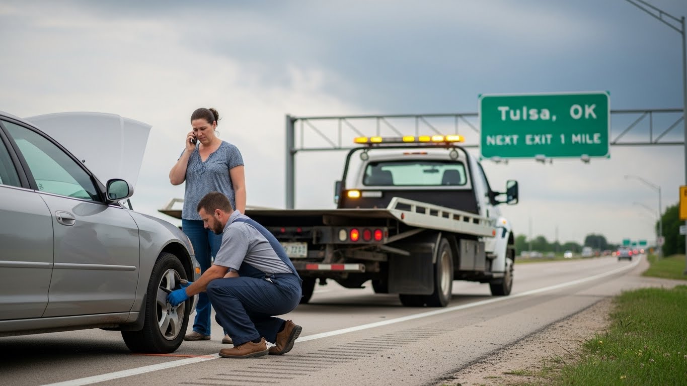A woman getting roadside assistance in Tulsa, OK, thanks to her AAA auto insurance policy