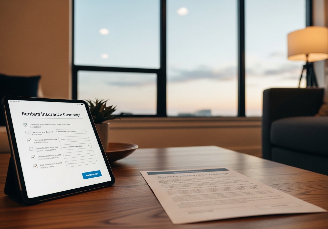 A digital tablet displaying renters insurance coverage details inside a Tulsa, Oklahoma apartment, representing personal property and liability protection