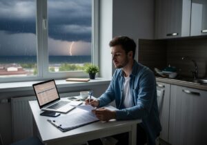 A young tenant reviewing renters insurance paperwork at a kitchen table with a laptop open and a storm visible outside the Tulsa apartment window.