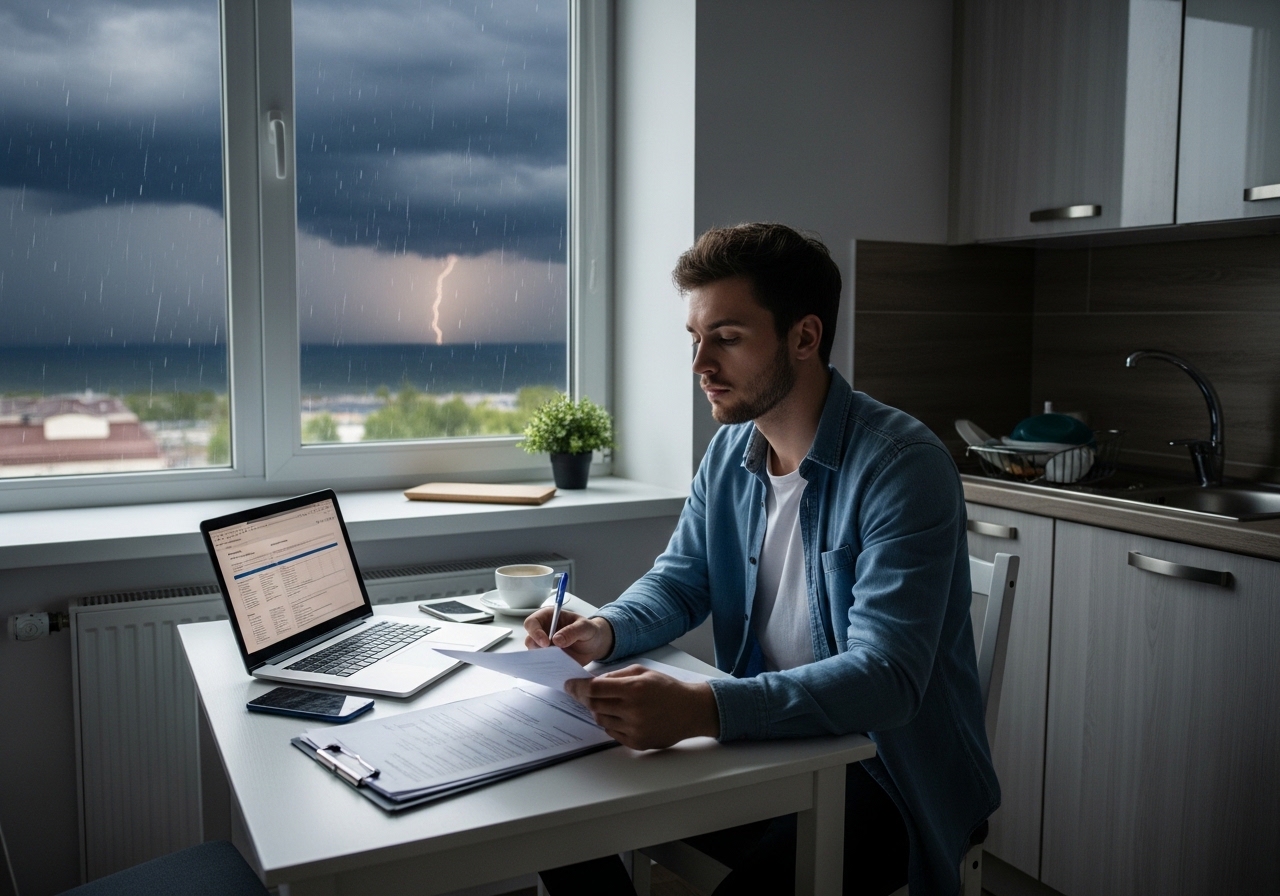 A young tenant reviewing renters insurance paperwork at a kitchen table with a laptop open and a storm visible outside the Tulsa apartment window.