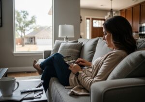 A woman calculating how much homeowners insurance she needs in Tulsa, OK