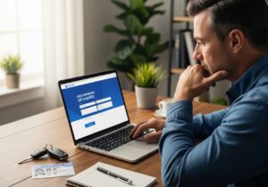 A driver reviewing an online car insurance quote on a laptop with car keys and an Oklahoma driver's license on the desk in Tulsa.