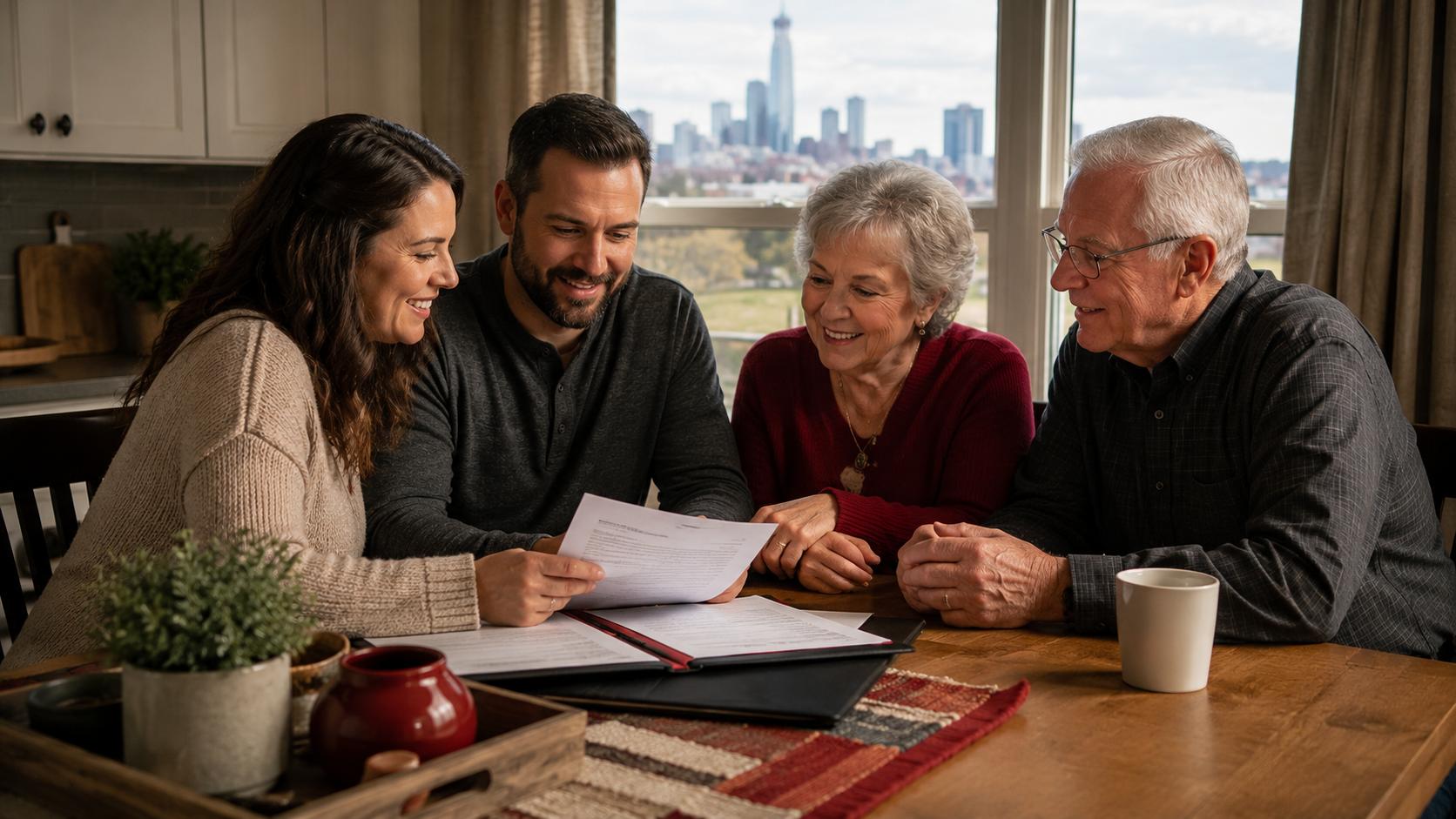 Multigenerational Tulsa family reviewing life insurance options together at home with the Tulsa skyline in the background