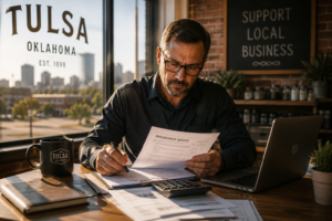 Tulsa small business owner reviewing business insurance costs and coverage options with Zoellner Insurance