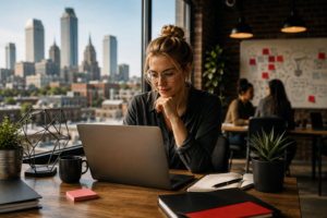 Tulsa startup owner reviewing a business insurance checklist with Zoellner Insurance