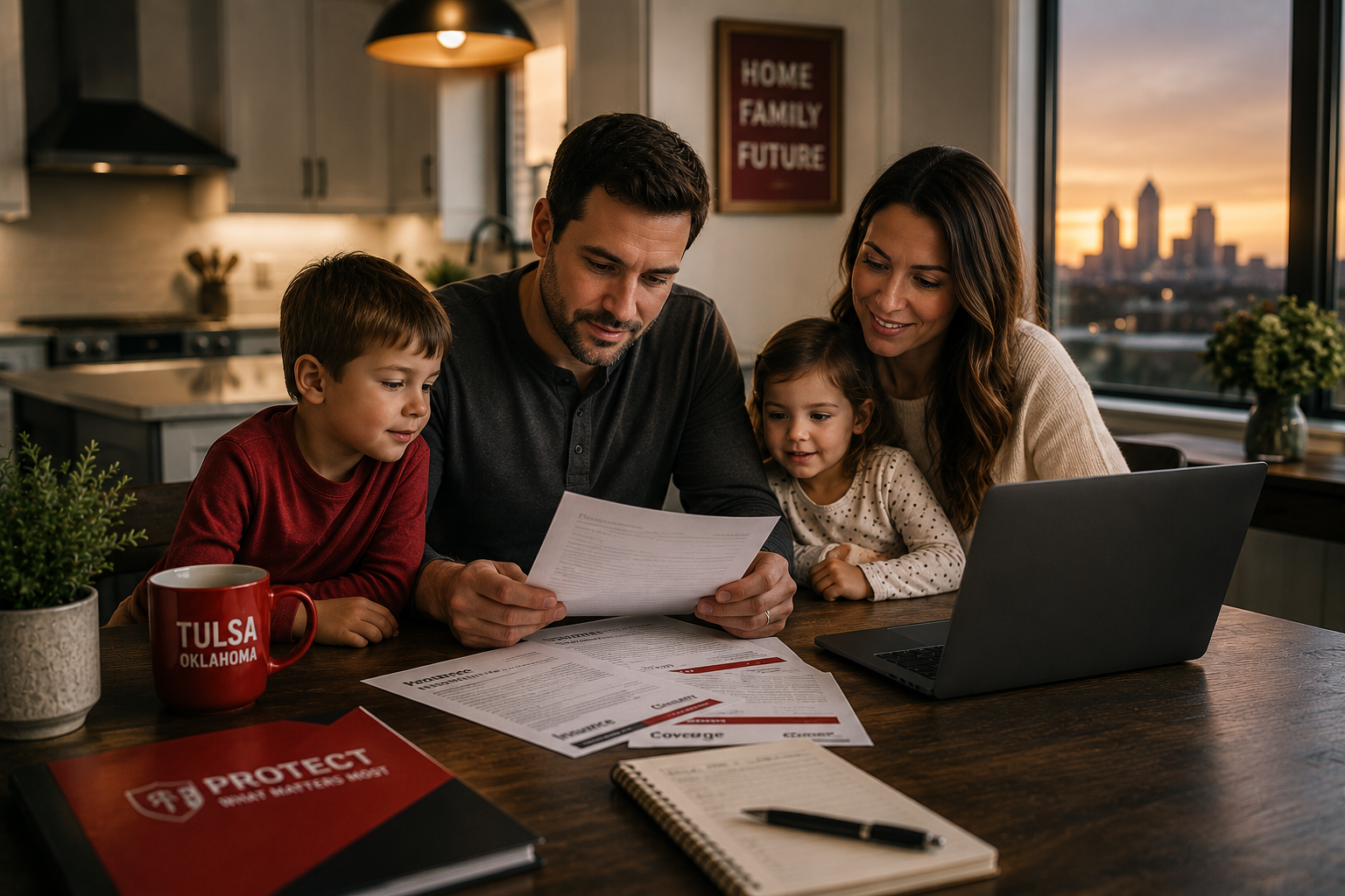 Tulsa family reviewing life insurance costs and coverage options with Zoellner Insurance