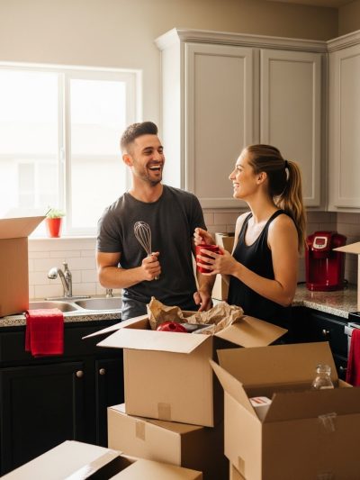 A couple unpacking in their new condo, happy to have taken out renter's insurance in Tulsa, OK, through Zoellner Insurance